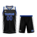 Uniforme de baloncesto personalizado en negro y azul con tu logotipo-nombre y número impresos