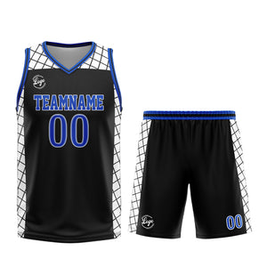 Uniforme de baloncesto personalizado en negro y azul con tu logotipo-nombre y número impresos