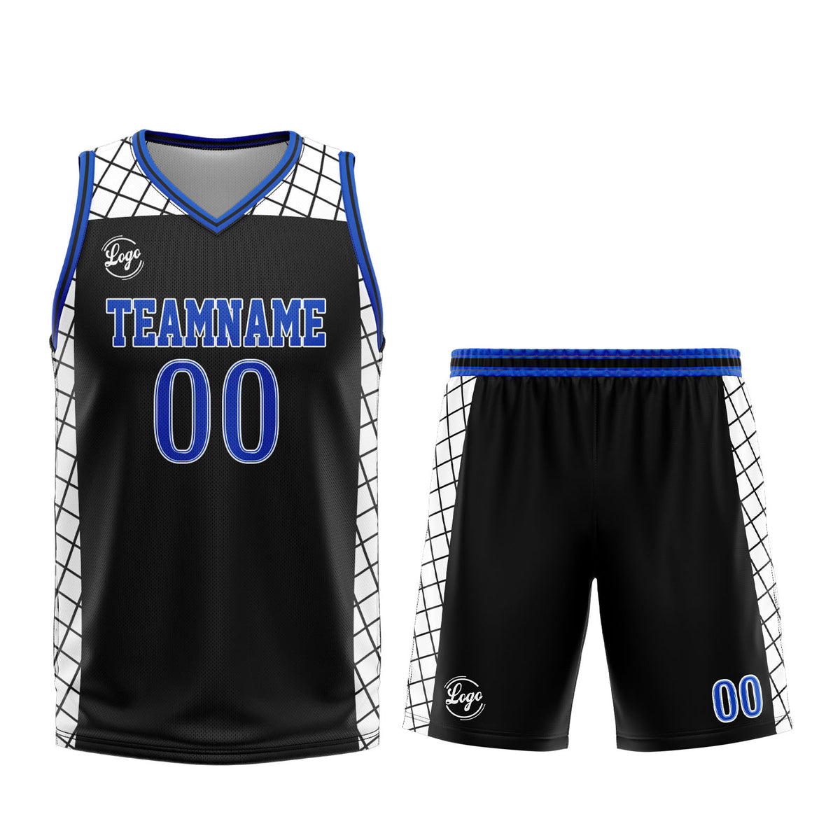Uniforme de baloncesto personalizado en negro y azul con tu logotipo-nombre y número impresos