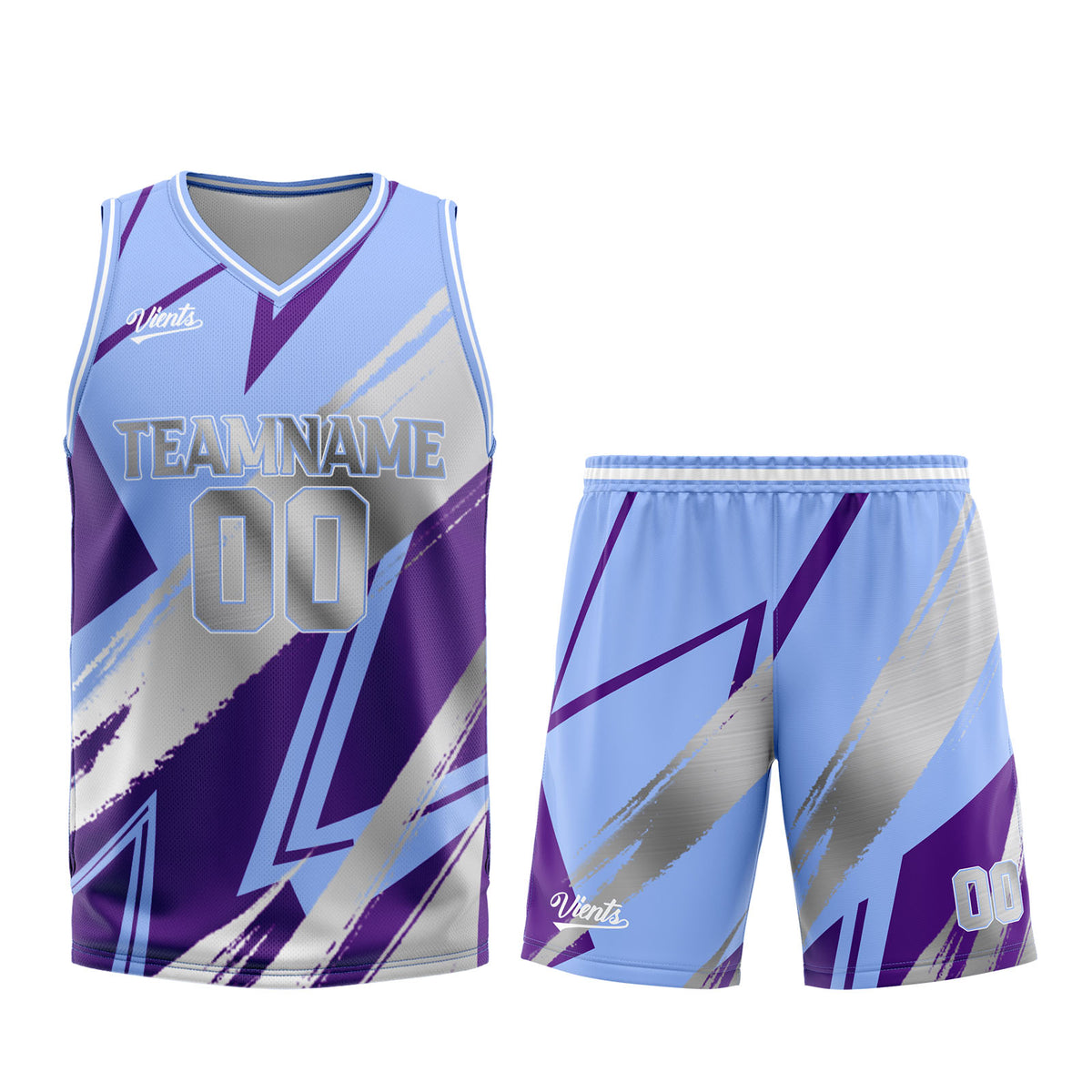 Uniforme de baloncesto personalizado en azul-morado y gris con tu logotipo-nombre y número impresos