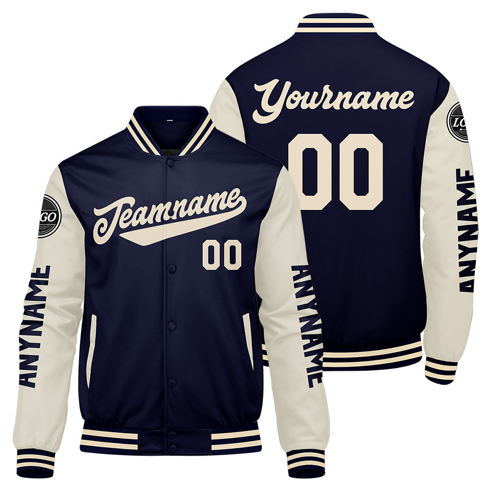 Chaquetas universitarias personalizadas azul marino y crema para hombres & mujeres y jóvenes & Chaquetas tipo Letterman personalizadas