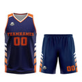 Uniforme de baloncesto personalizado azul marino y naranja con tu logotipo-nombre y número impresos