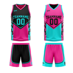 Traje de baloncesto reversible personalizado en negro-rosa y azul claro para adultos y niños