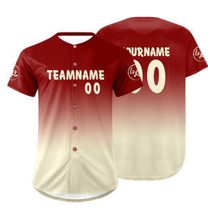 Camiseta de béisbol personalizada roja y blanca con degradado uniformes de equipo con nombre y número