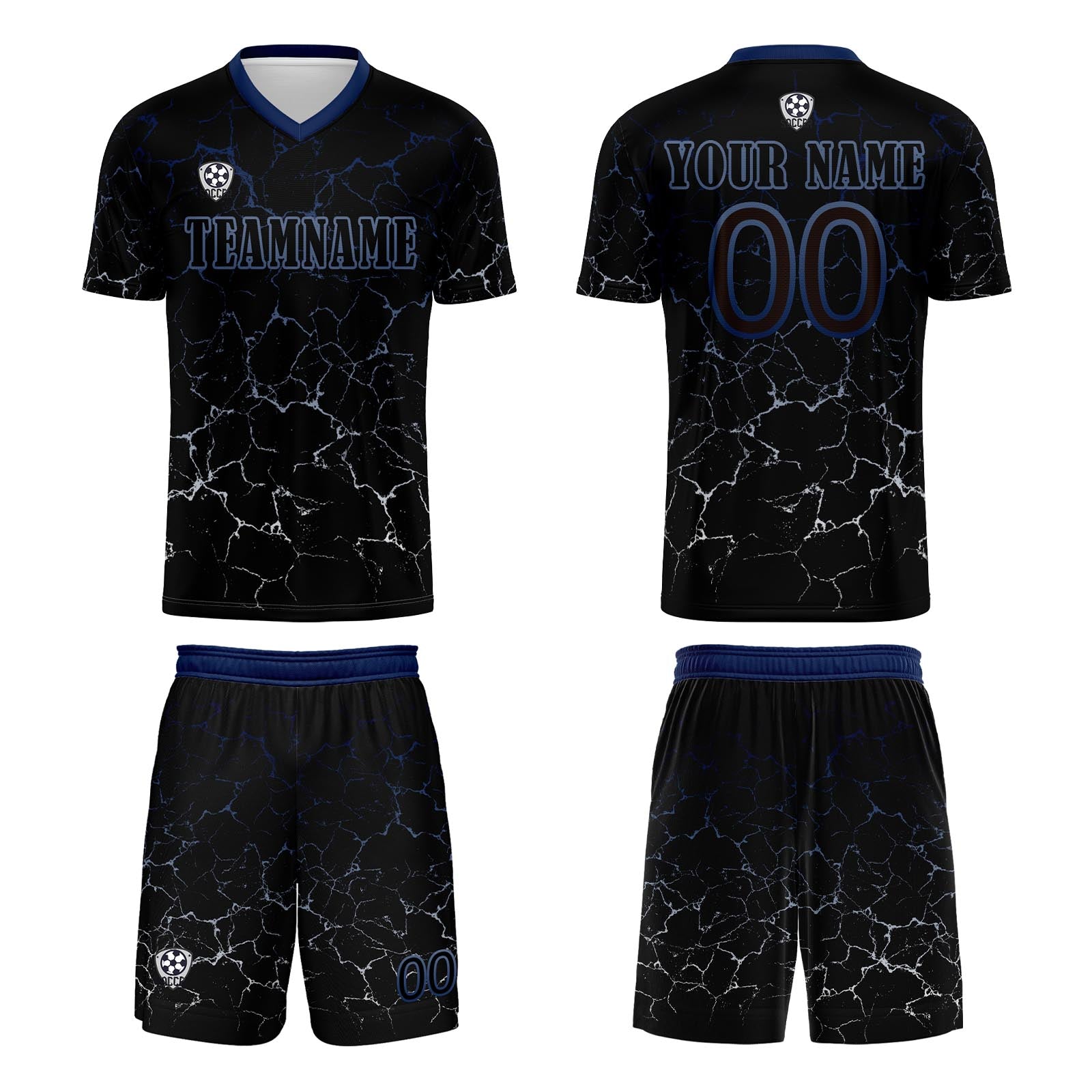 Conjunto personalizado de camiseta de fútbol negra y azul oscuro para niños y adultos