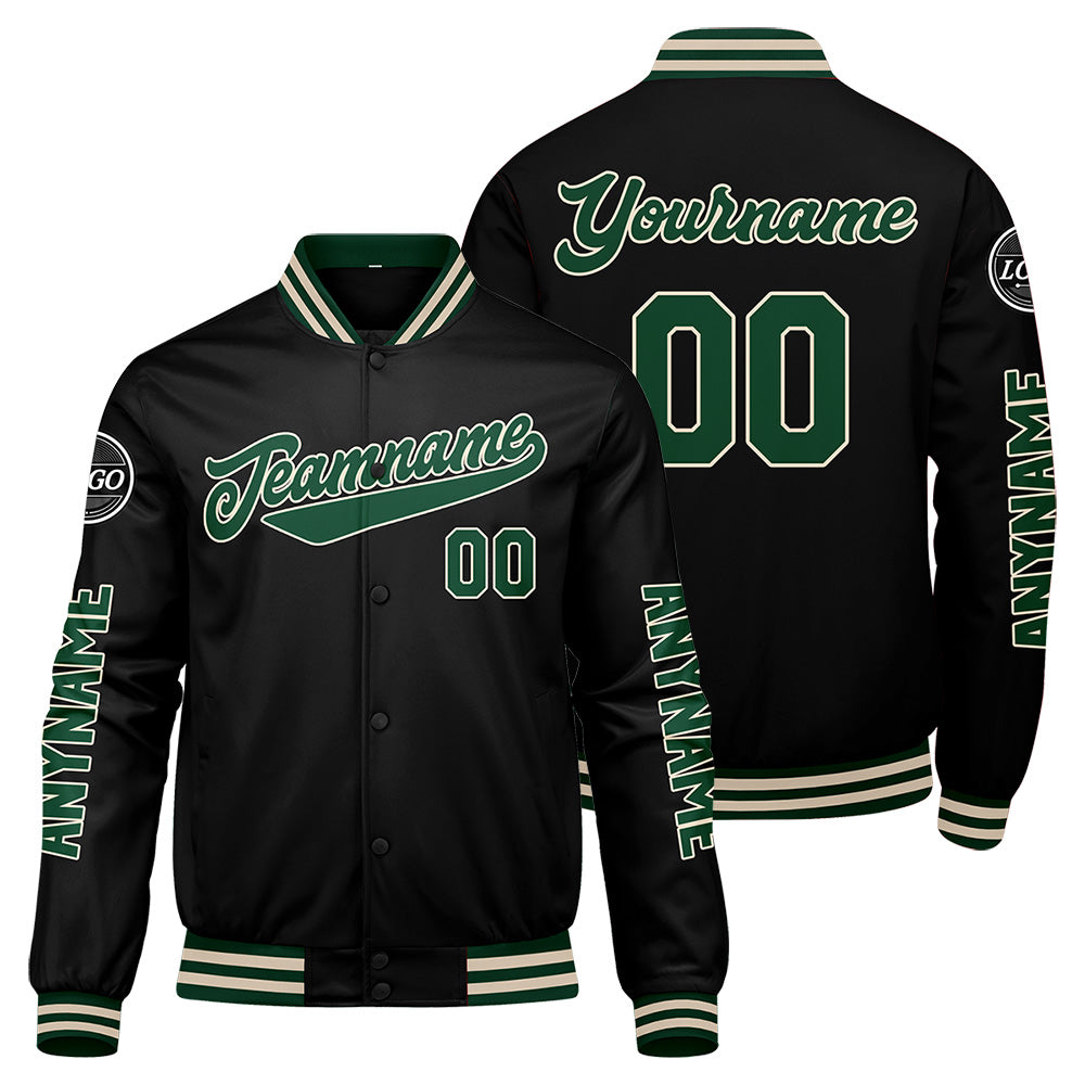 Chaquetas universitarias personalizadas en verde oscuro & negro y crema para hombres & mujeres y jóvenes & Chaquetas Letterman personalizadas