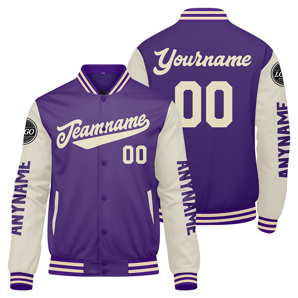 Chaquetas universitarias personalizadas color crema púrpura para hombres & mujeres y jóvenes & Chaquetas Letterman personalizadas