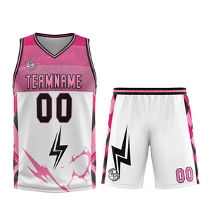 Uniforme de baloncesto personalizado blanco y rosa con tu logotipo-nombre y número impresos