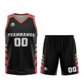 Uniforme de baloncesto personalizado en negro y rojo con tu logotipo-nombre y número impresos