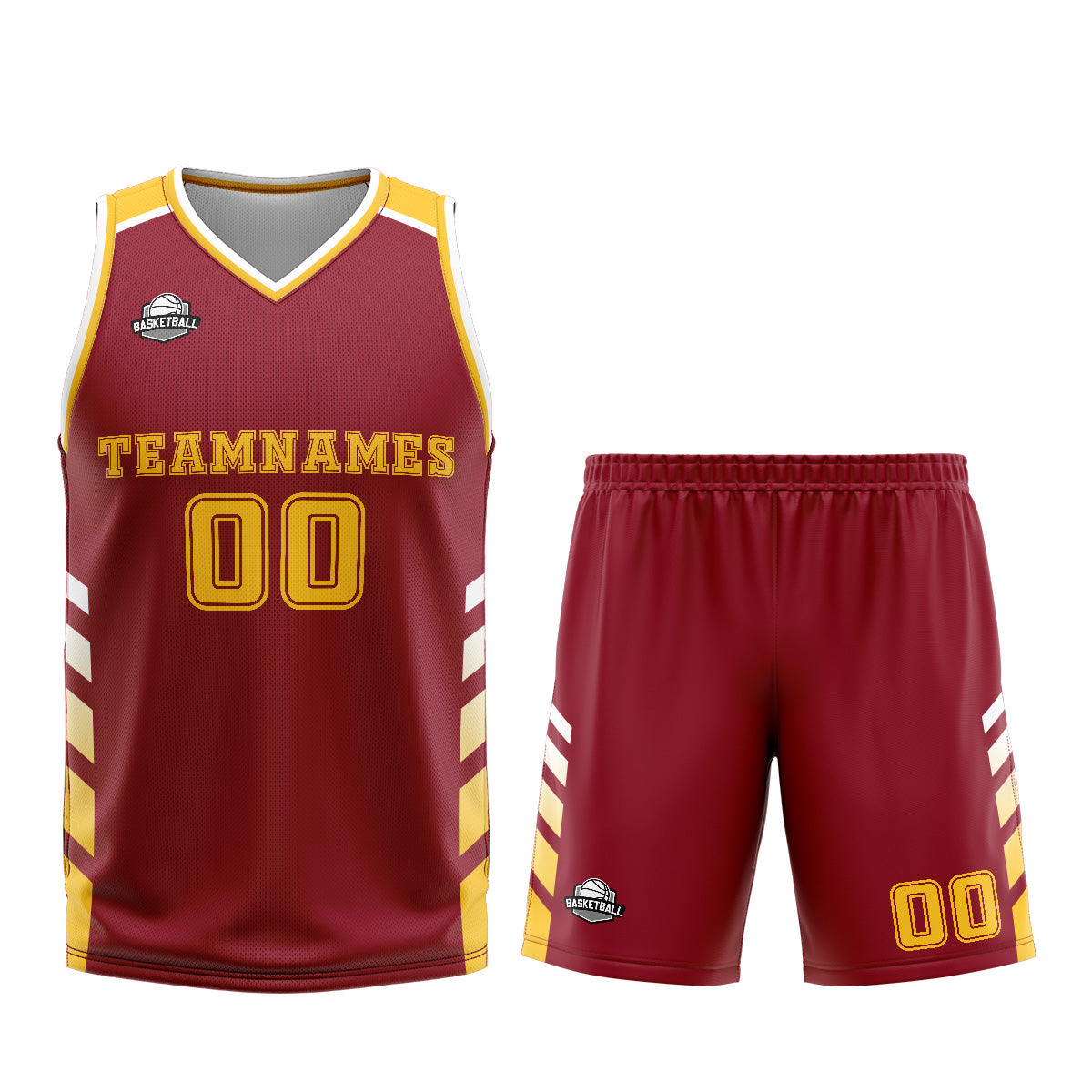 Uniforme de baloncesto personalizado rojo y amarillo con tu logotipo-nombre y número impresos