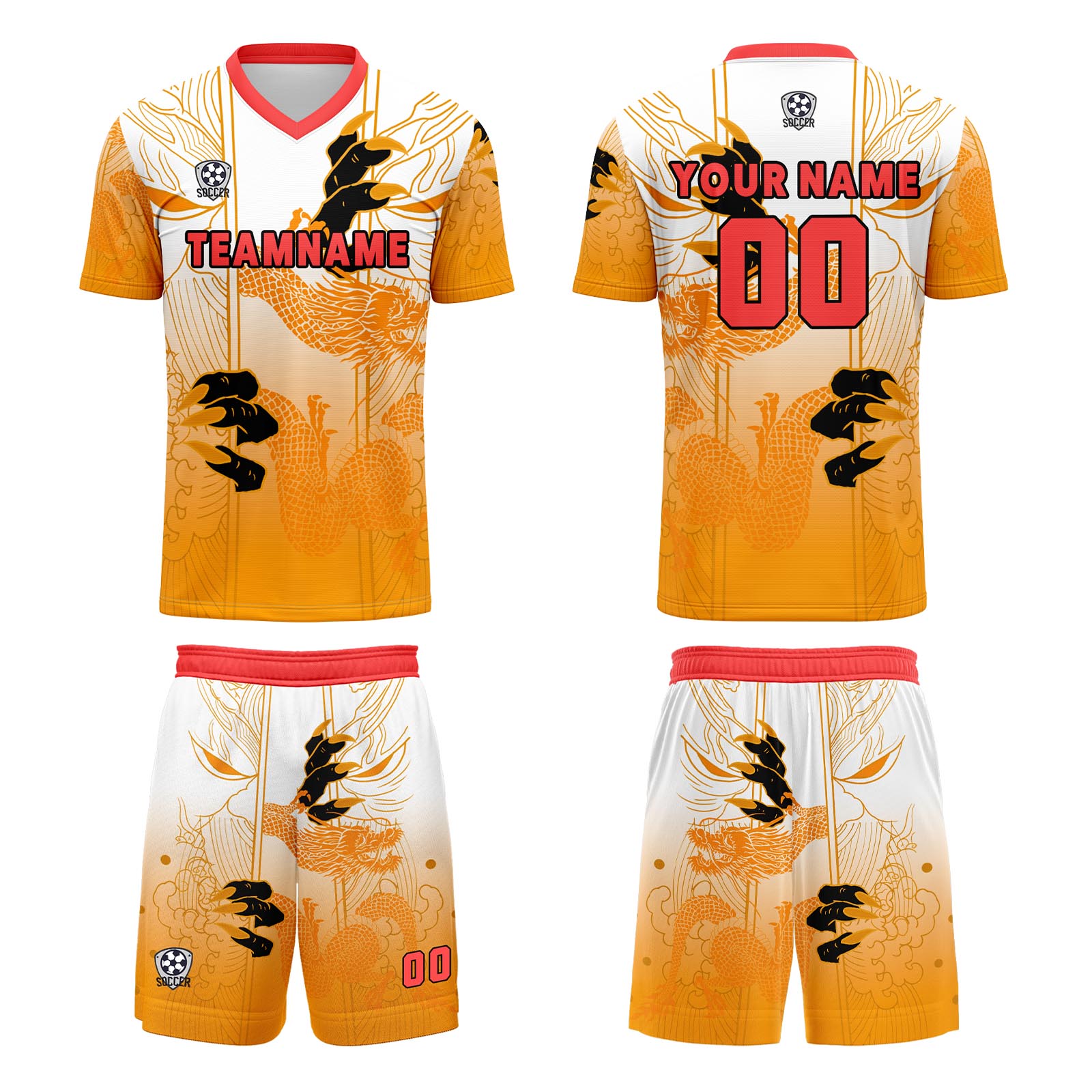 Conjunto personalizado de camiseta de uniforme naranja y rojo para niños y adultos