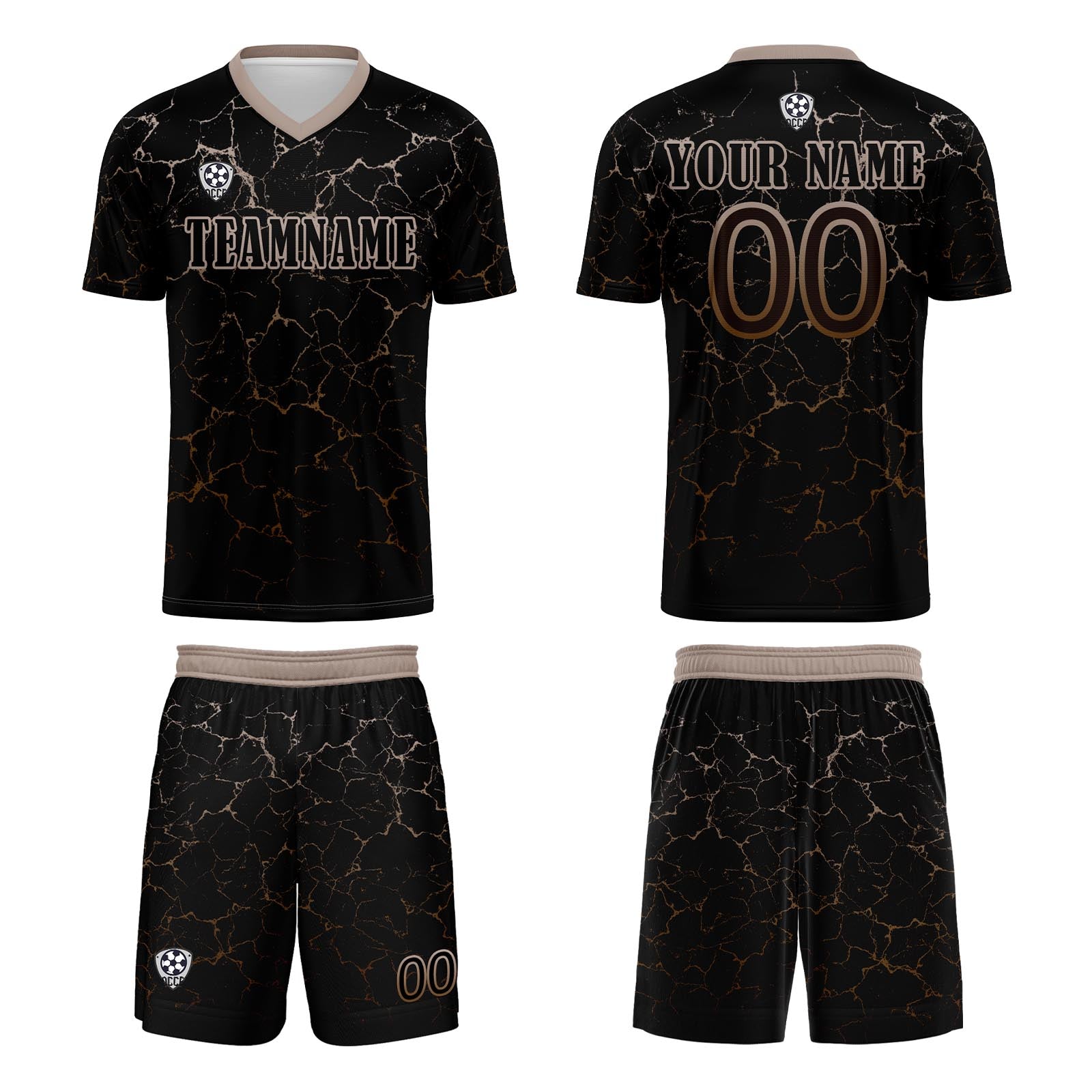 Conjunto personalizado de camiseta de fútbol negra y marrón claro para niños y adultos