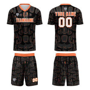 Conjunto personalizado de camiseta de fútbol negra y naranja para niños y adultos