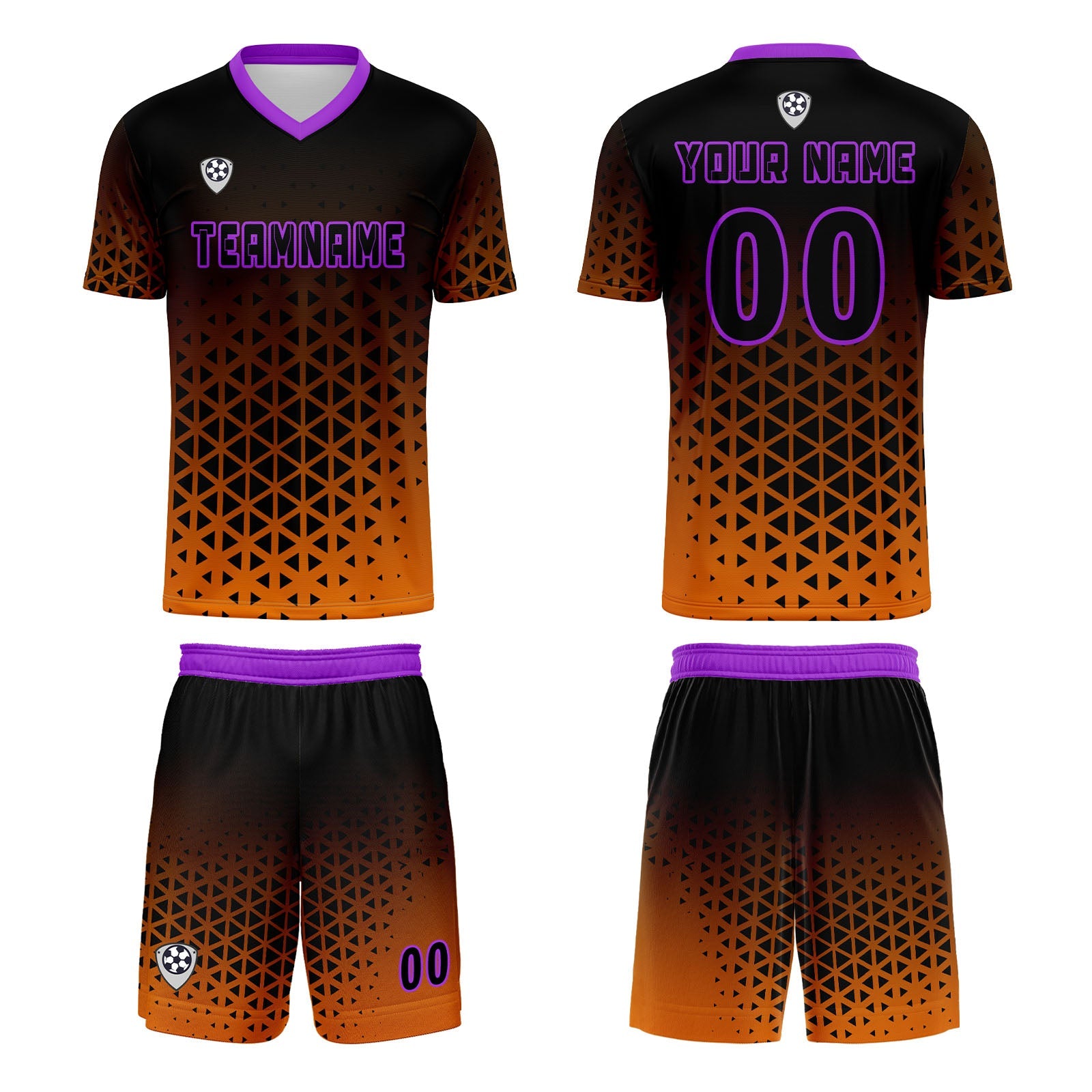Conjunto personalizado de camiseta de uniforme naranja y morado para niños y adultos