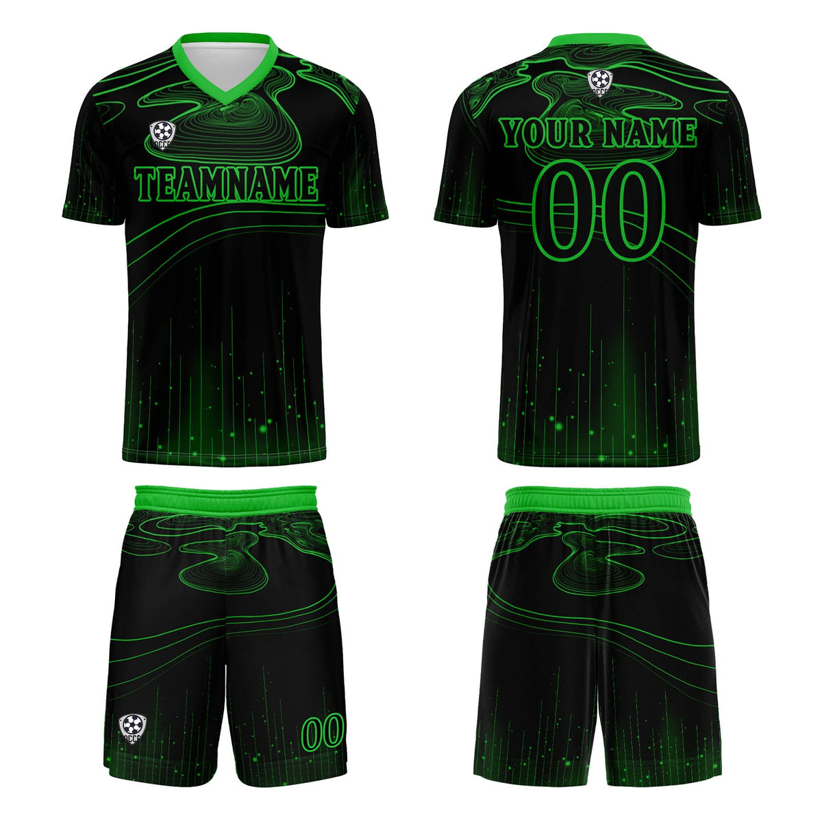 Conjunto personalizado de camiseta de fútbol negra y verde para niños y adultos