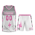 Uniforme de baloncesto personalizado en blanco-gris y rosa con tu logotipo-nombre y número impresos