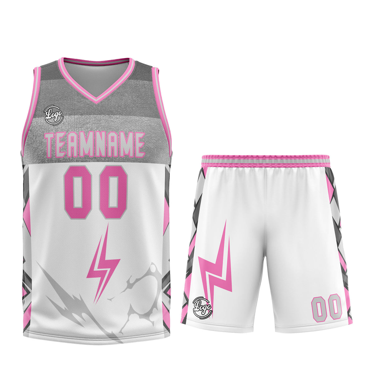 Uniforme de baloncesto personalizado en blanco-gris y rosa con tu logotipo-nombre y número impresos