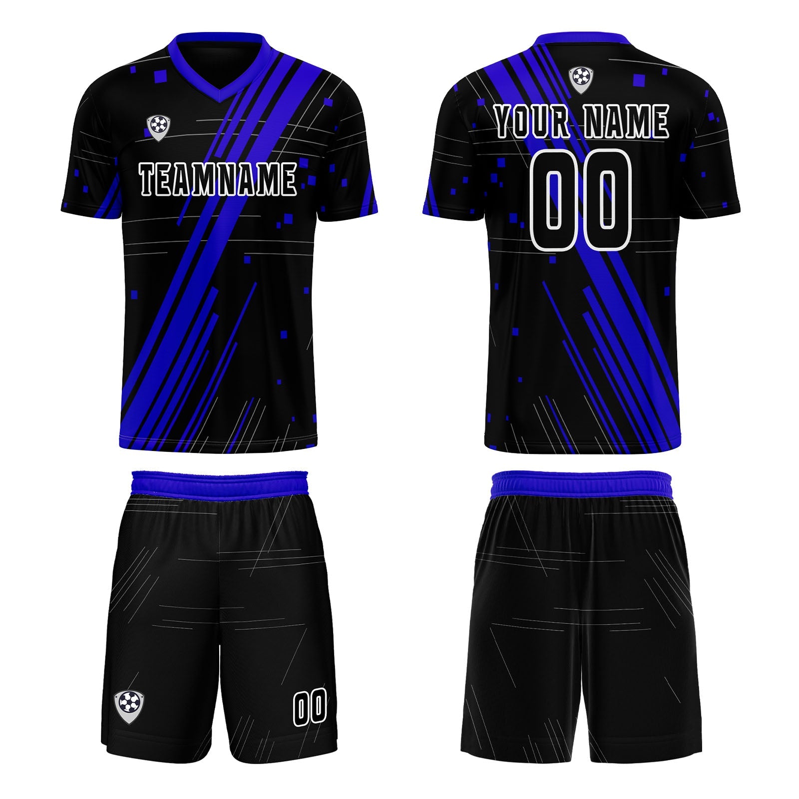 Conjunto personalizado de camiseta de uniforme negra y azul para niños y adultos