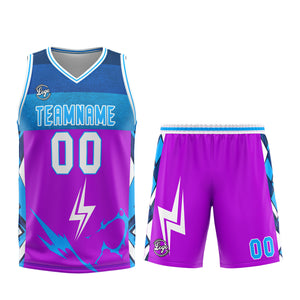 Uniforme de baloncesto personalizado en color morado y azul con tu logotipo-nombre y número impresos