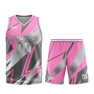 Uniforme de baloncesto rosa y gris personalizado con tu logotipo-nombre y número impresos