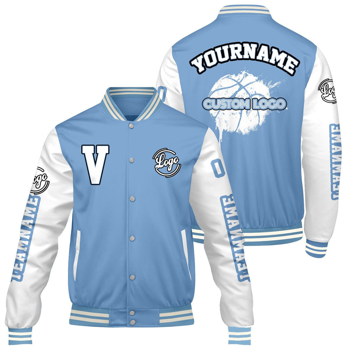 Chaquetas universitarias personalizadas en azul claro y blanco para hombres & mujeres y jóvenes & Chaquetas Letterman personalizadas