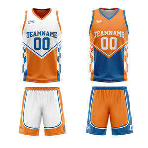 Traje de baloncesto reversible naranja y azul personalizado para adultos y niños