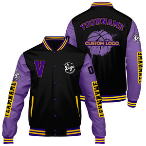 Chaquetas universitarias personalizadas negras y moradas para hombres & mujeres y jóvenes & Chaquetas Letterman personalizadas