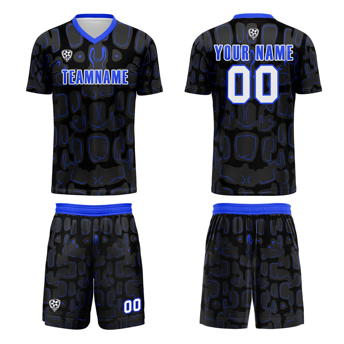 Conjunto personalizado de camiseta de fútbol negra y azul para niños y adultos