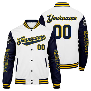 Chaquetas universitarias personalizadas azul marino & blancas y amarillas para hombres & mujeres y jóvenes & Chaquetas tipo Letterman personalizadas