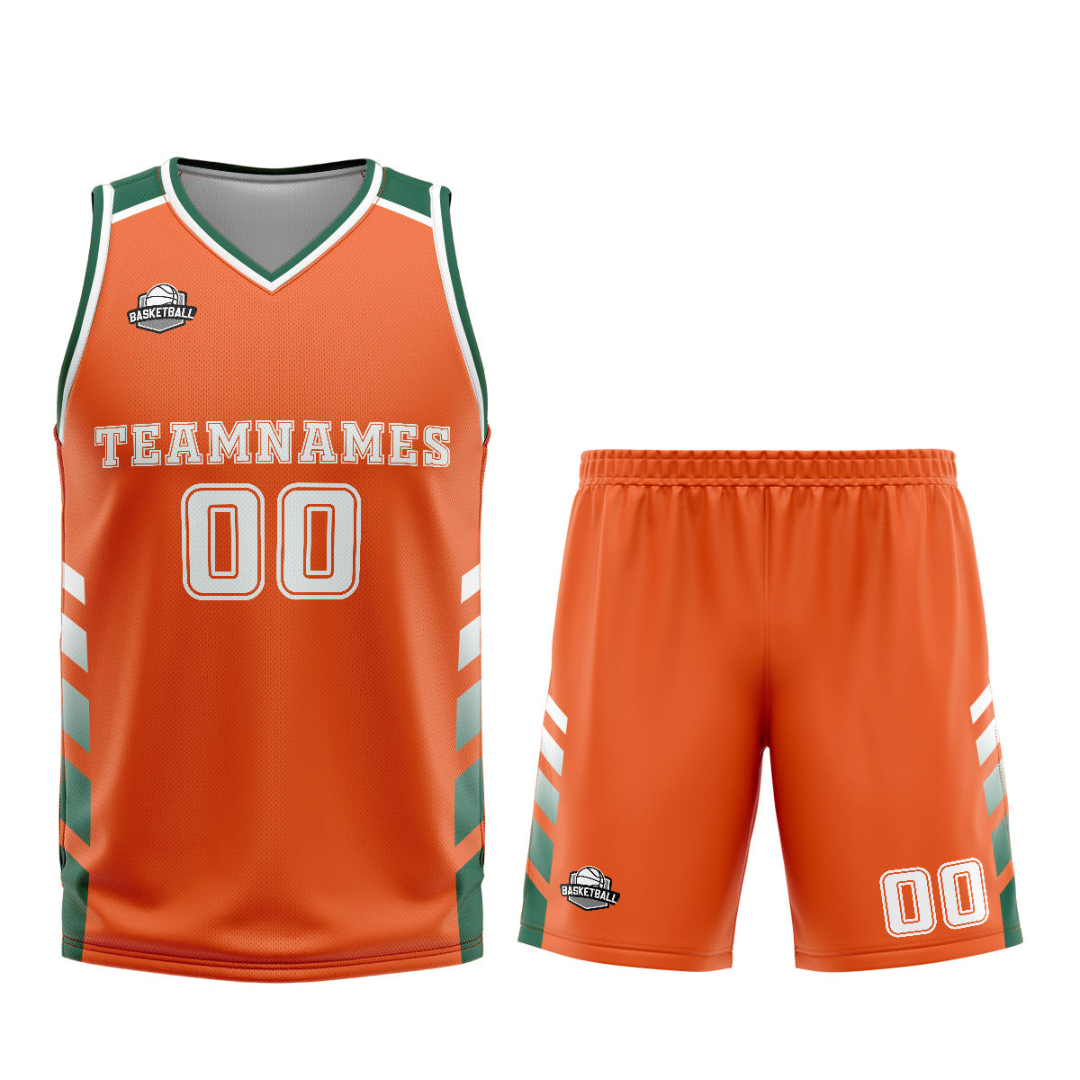 Uniforme de baloncesto personalizado de color naranja y verde con tu logotipo-nombre y número impresos