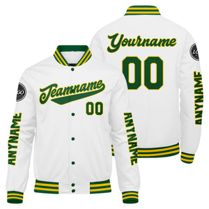 Chaquetas universitarias personalizadas en verde & amarillo y blanco para hombres & mujeres y jóvenes & Chaquetas Letterman personalizadas