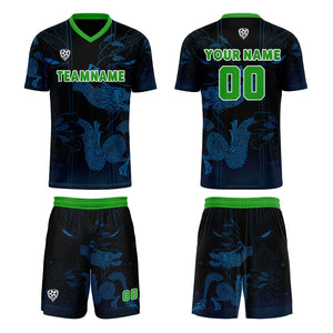 Conjunto personalizado de camiseta de uniforme azul y verde para niños y adultos