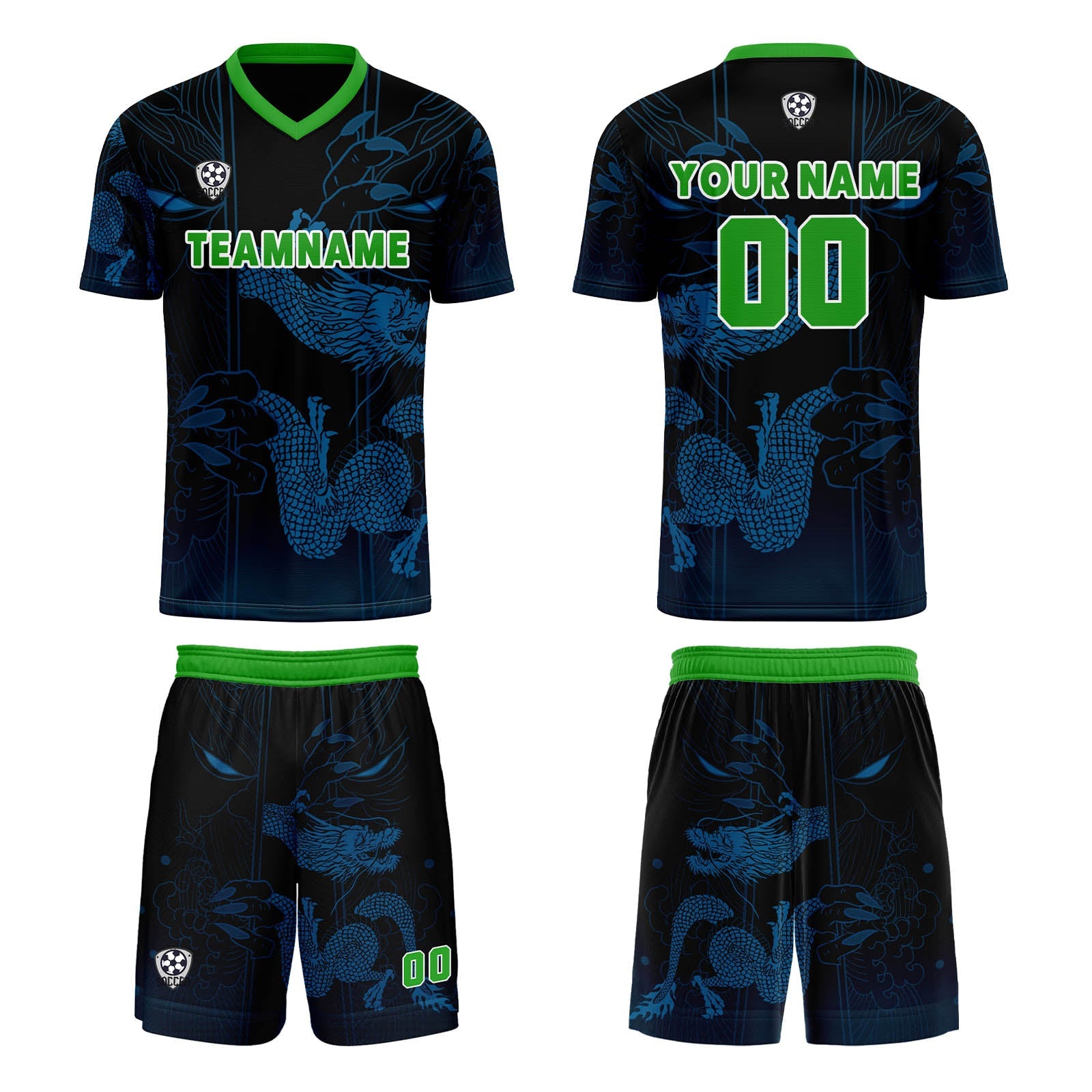 Conjunto personalizado de camiseta de uniforme azul y verde para niños y adultos