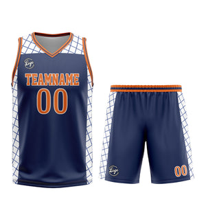 Uniforme de baloncesto personalizado azul marino y naranja con tu logotipo-nombre y número impresos