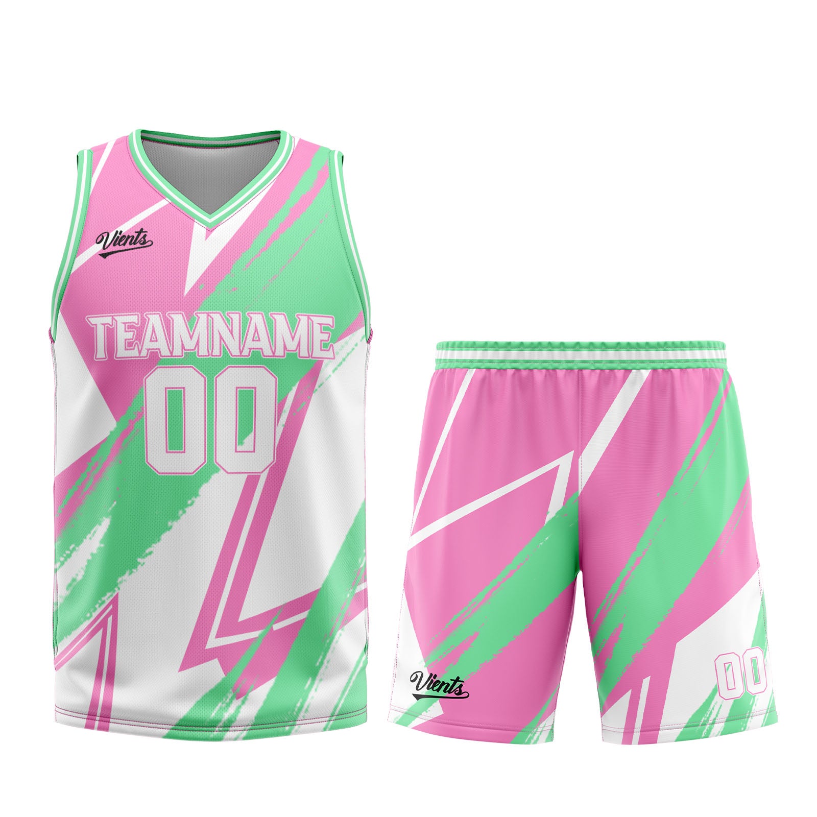 Uniforme de baloncesto rosa y verde personalizado con tu logotipo-nombre y número impresos