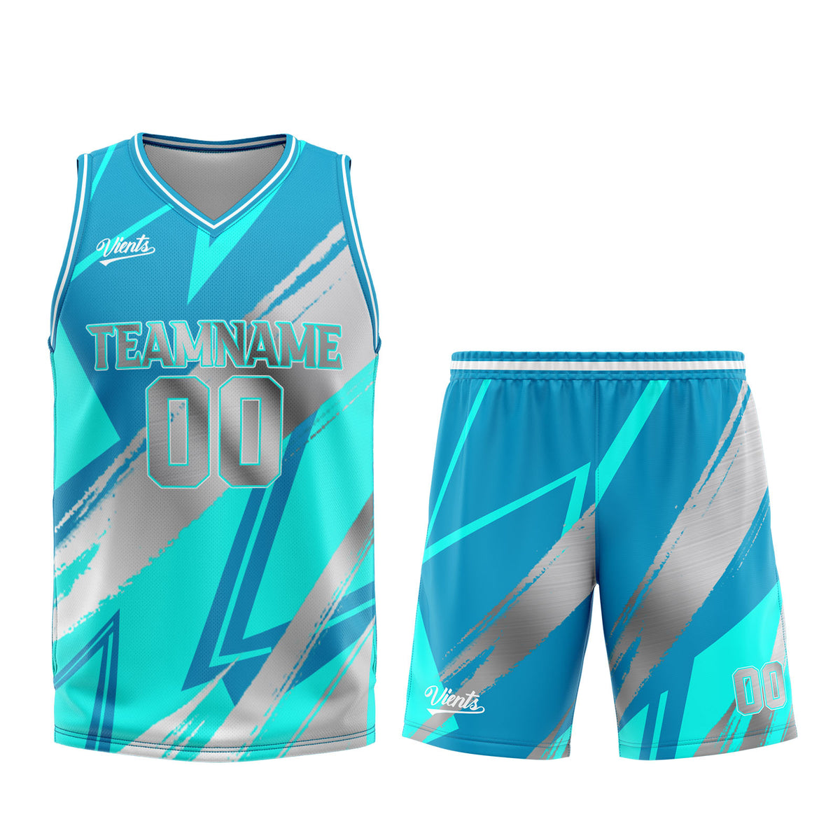 Uniforme de baloncesto personalizado en color gris cian con tu logotipo-nombre y número impresos
