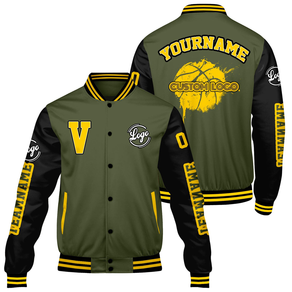 Chaquetas universitarias personalizadas en verde oliva y negro para hombres & mujeres y jóvenes & Chaquetas Letterman personalizadas