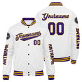 Chaquetas universitarias personalizadas en morado & blanco y amarillo para hombres & mujeres y jóvenes & Chaquetas tipo Letterman personalizadas