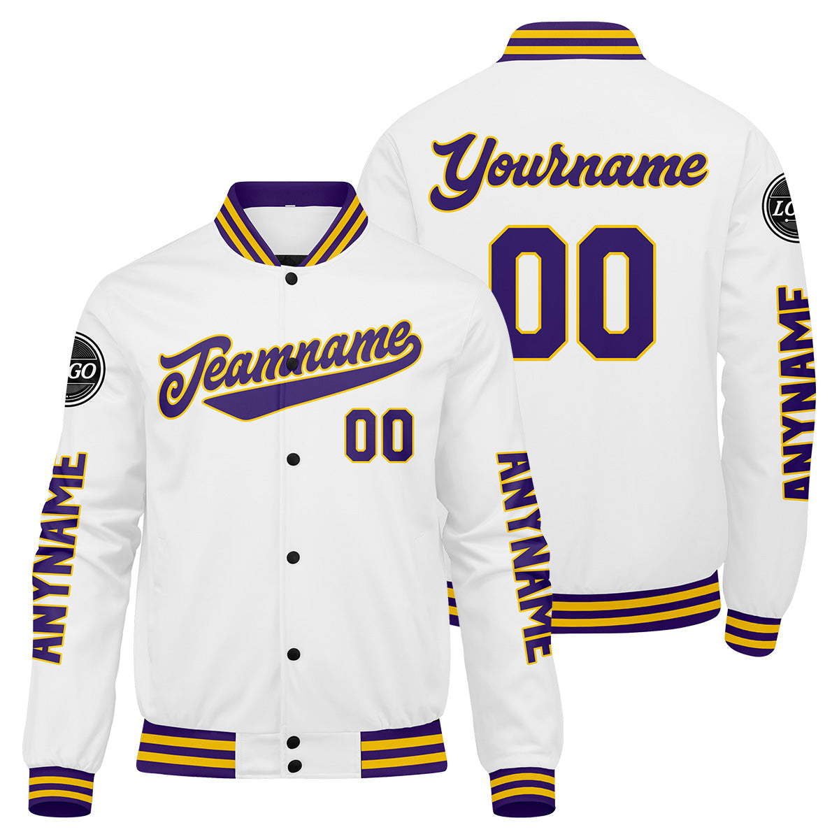 Chaquetas universitarias personalizadas en morado & blanco y amarillo para hombres & mujeres y jóvenes & Chaquetas tipo Letterman personalizadas