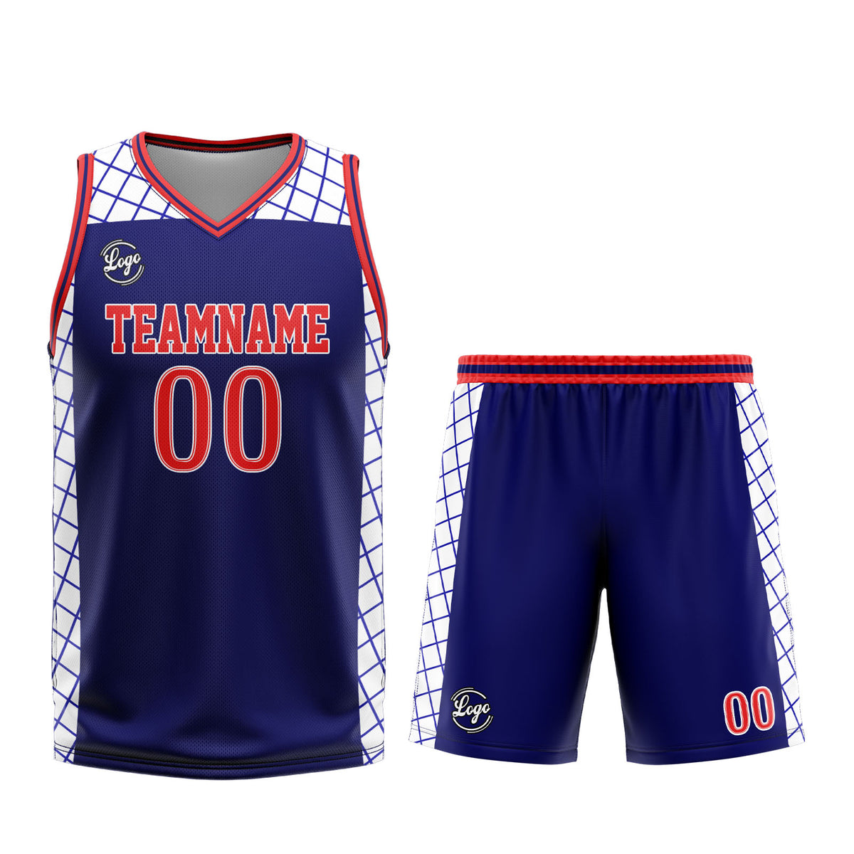 Uniforme de baloncesto personalizado azul marino y rojo con tu logotipo-nombre y número impresos
