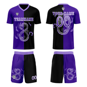 Conjunto personalizado de camiseta de uniforme morado y negro para niños y adultos