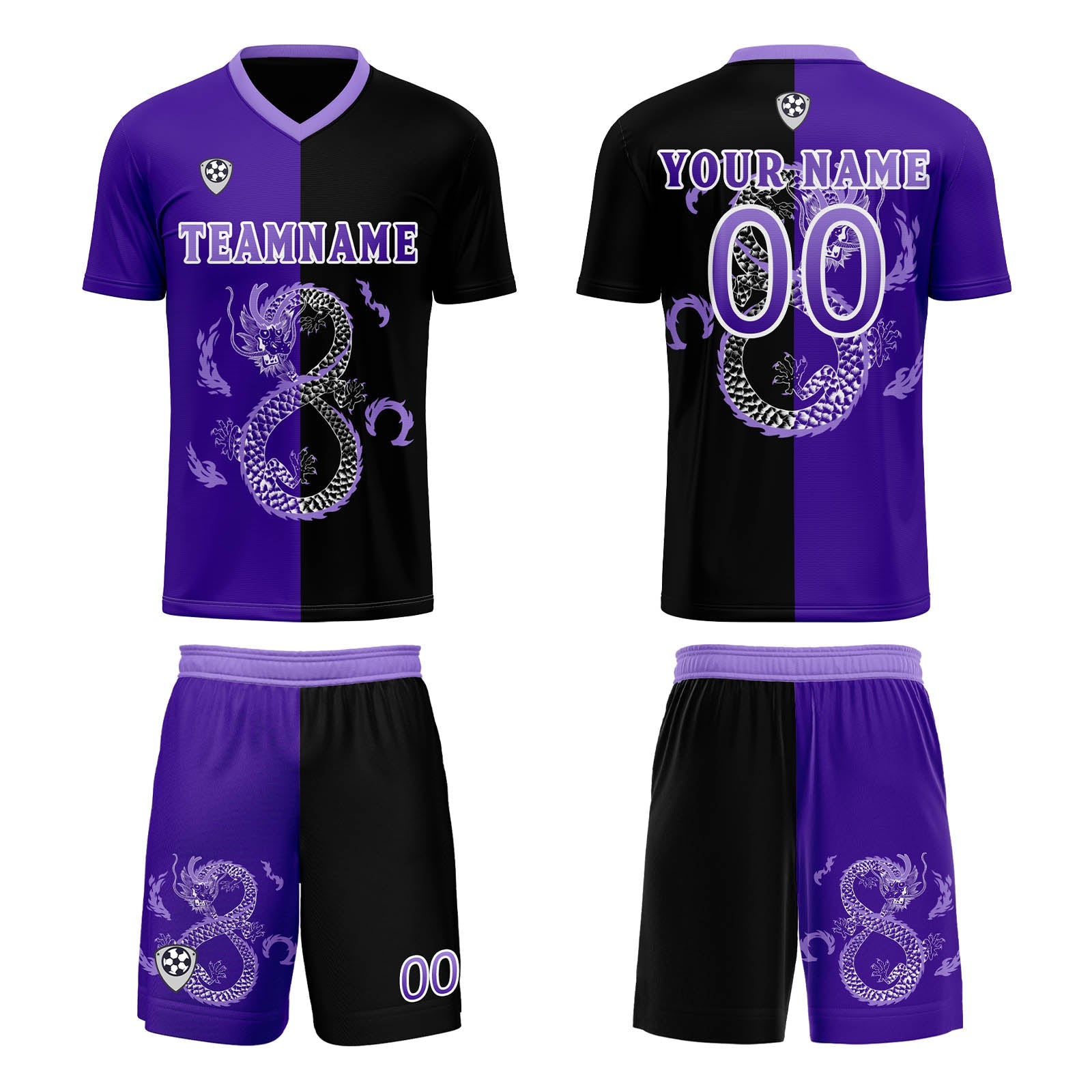 Conjunto personalizado de camiseta de uniforme morado y negro para niños y adultos