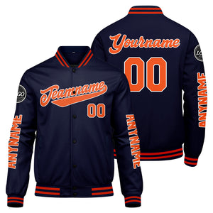 Chaquetas universitarias personalizadas azul marino y naranja para hombres & mujeres y jóvenes & Chaquetas Letterman personalizadas