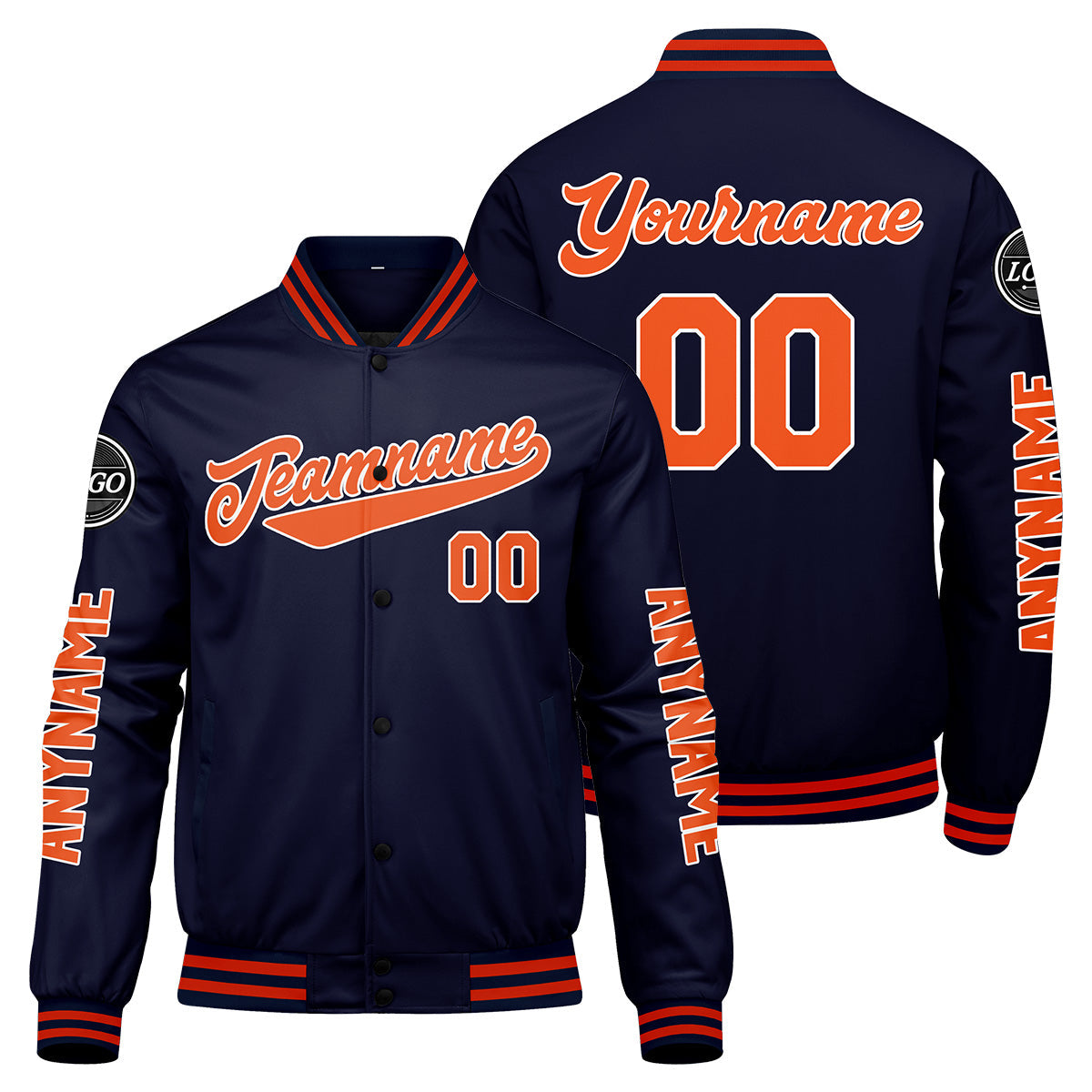 Chaquetas universitarias personalizadas azul marino y naranja para hombres & mujeres y jóvenes & Chaquetas Letterman personalizadas