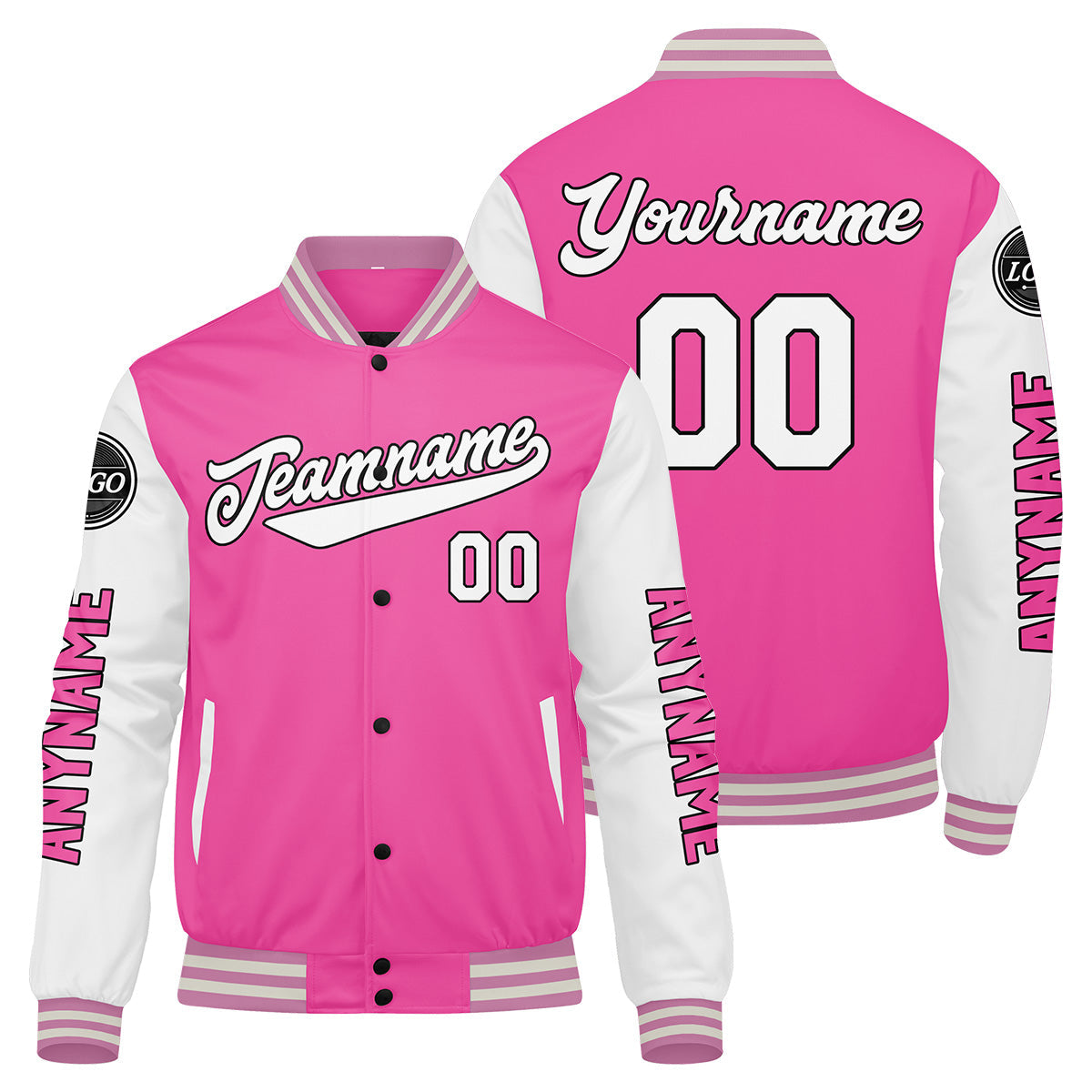 Chaquetas universitarias personalizadas en rosa y blanco para hombres & mujeres y jóvenes & Chaquetas Letterman personalizadas