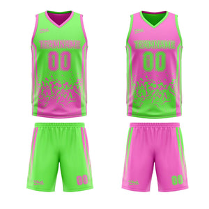 Traje de baloncesto reversible verde y rosa personalizado para adultos y niños