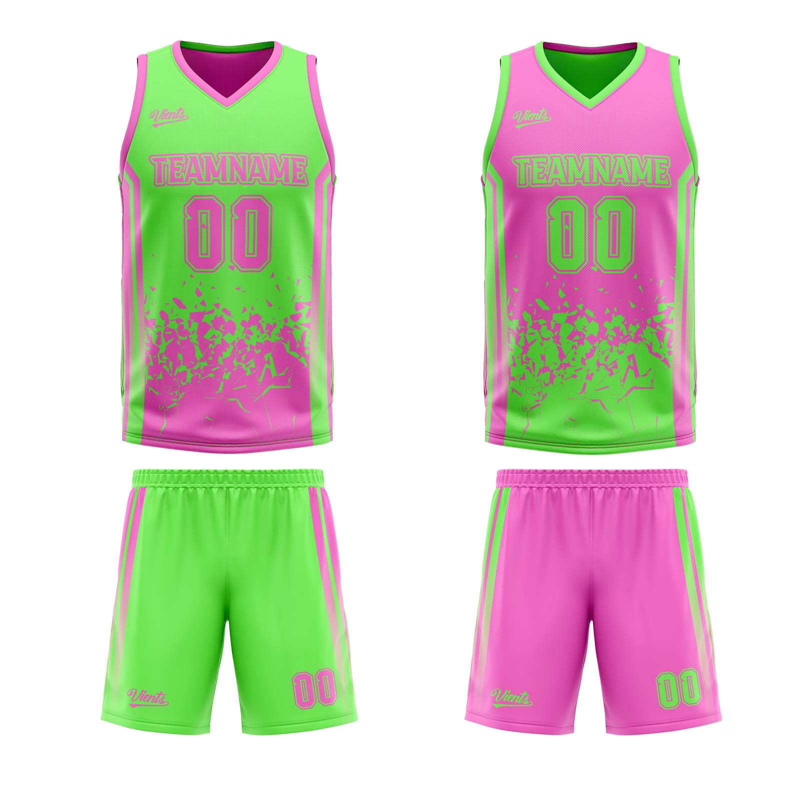 Traje de baloncesto reversible verde y rosa personalizado para adultos y niños