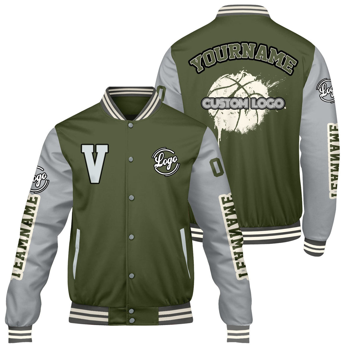 Chaquetas universitarias personalizadas en verde oliva y gris para hombres & mujeres y jóvenes & Chaquetas tipo Letterman personalizadas