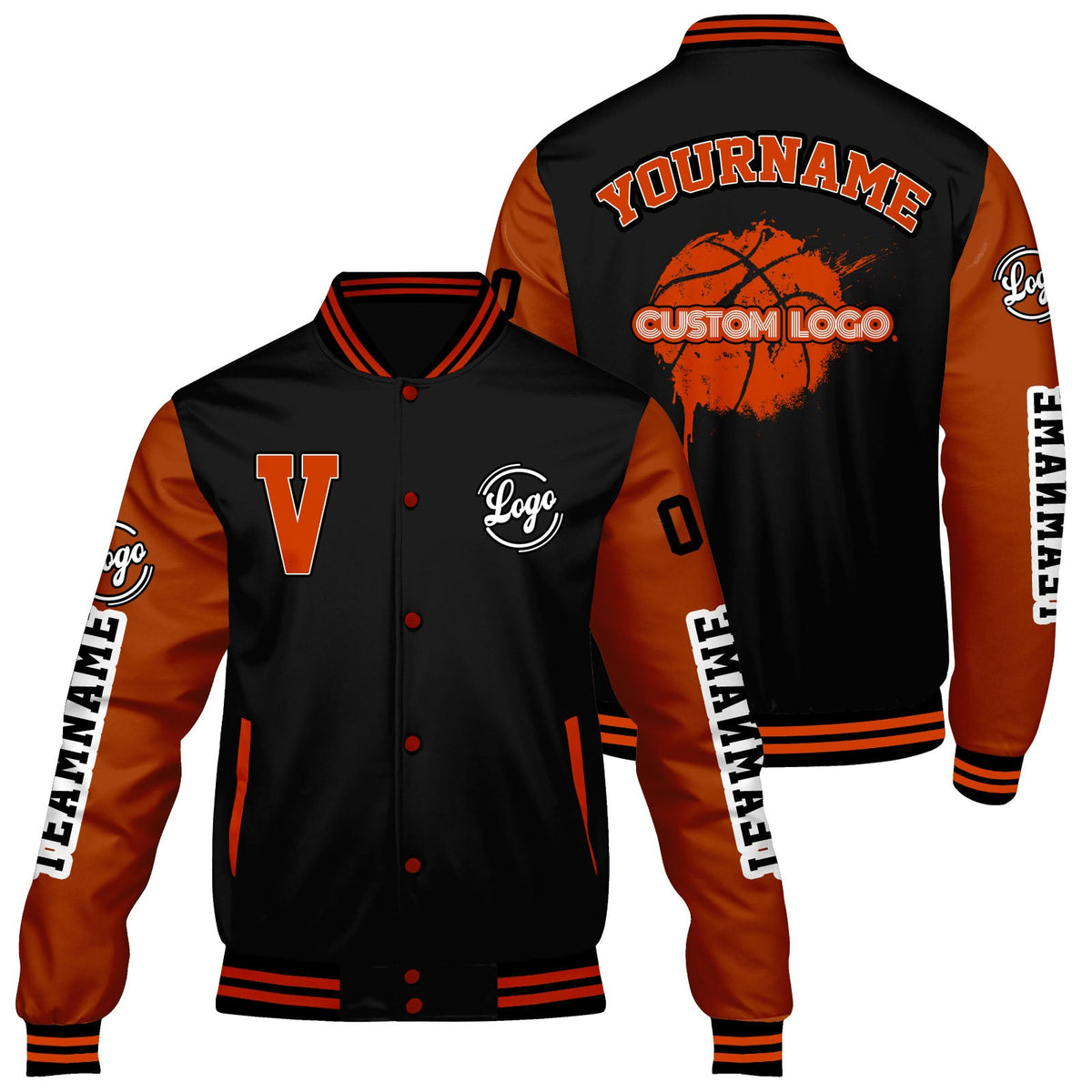 Chaquetas universitarias personalizadas negras y naranja mate para hombres & mujeres y jóvenes & Chaquetas Letterman personalizadas