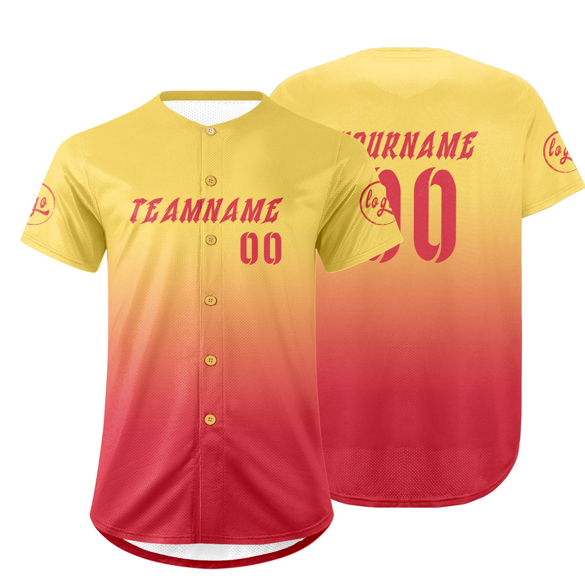 Camiseta de béisbol personalizada amarilla y roja con degradado uniformes de equipo personalizados con nombre y número